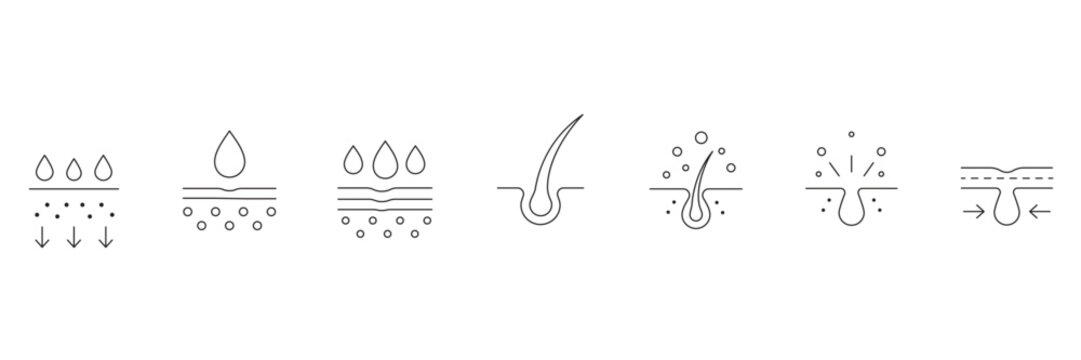Hair treatment line icon set showcasing follicle care, scalp hydration, serum absorption, alopecia prevention, growth nourishment and skin moisture vector illustration