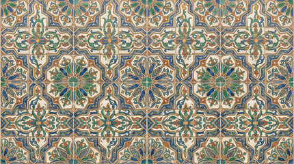 Naklejka premium Background texture of traditional Moroccan mosaic tiles with intricate geometric pattern for exotic aesthetic wallpaper and professional interior backdrop design high resolution 4k