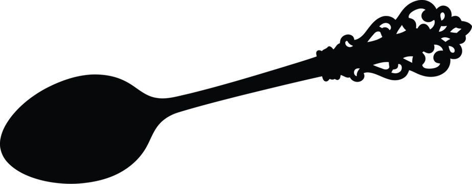 Black silhouette of an ornate vintage spoon with decorative handle isolated on a plain surface