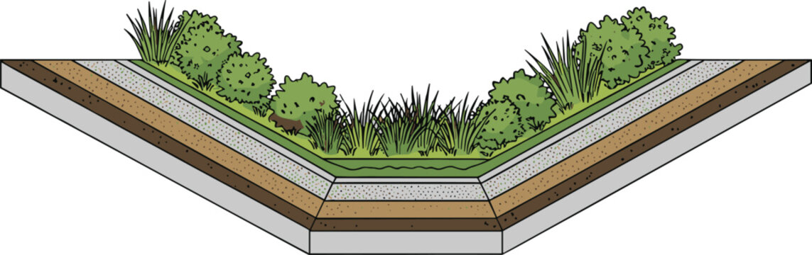 Cross section of garden retaining wall with soil layers and green plants for landscape architecture design.