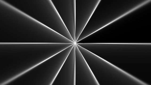 Abstract 3d metallic cone radiating glowing white laser rays on black background