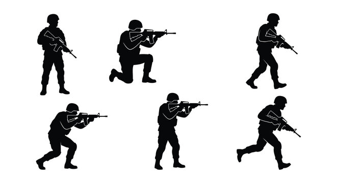 Soldier silhouettes in various poses silhouette military