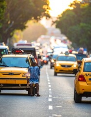 Fototapeta premium A congested urban road with numerous yellow taxis and trees lining the street