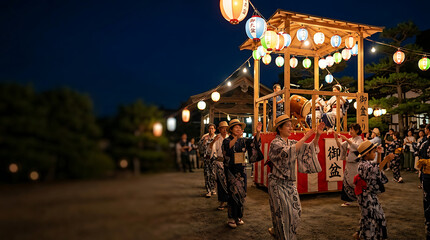 Obraz premium Japanese people dancing at a traditional summer festival under lanterns