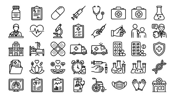 Pharmacy healthcare and medical line icon collection with medicine treatment prescription and hospital symbols