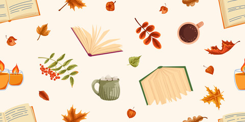 Seamless autumn pattern with books, coffee, candles, berries and colorful fall leaves. Cozy reading theme background for fabric, wrapping paper, stationery, scrapbook, wallpaper and seasonal design © Ekaterina Sumanosova