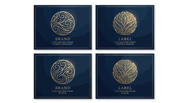 Set of luxury gold circular emblems on dark blue background, elegant branding design elements