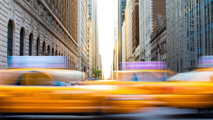 Extreme motion blur street-level view of yellow taxis rushing through a narrow urban street canyon flanked by ornate stone buildings, with glowing light at the far end creating a cinematic tunnel © olga_demina