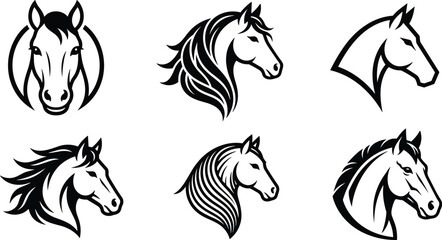 Obraz premium Horse Head Logo Collection Featuring Elegant Stallion and Mustang Profiles for Equestrian Sports Business Branding Ranch Signage and Competitive Riding Club Graphic Design