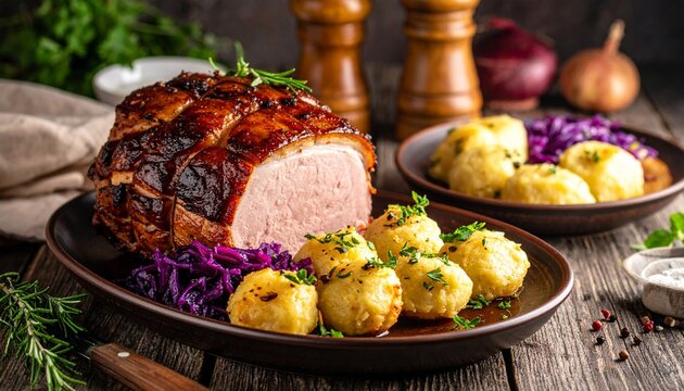 Schweinebraten mit Kn&ouml;deln und Rotkohl