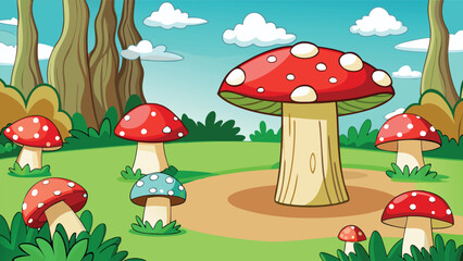 Fototapeta premium Many red mushrooms with white spots growing in a green fairy tale forest landscape with trees and blue sky Vector