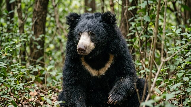 A shaggy black bear with a pale snout and white chest mark sits amidst dense green forest foliage. The image conveys a sense of quiet wilderness and alert, untamed presence.