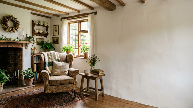 Cozy rustic cottage living room with fireplace and armchair
