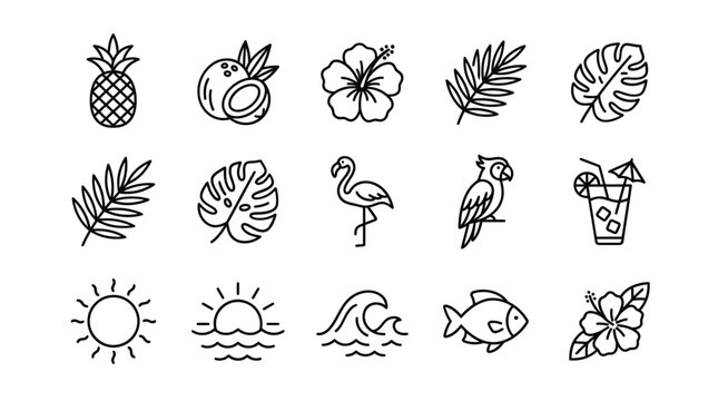 Tropical icons including pineapple, leaves, flamingo, and butterfly on vector