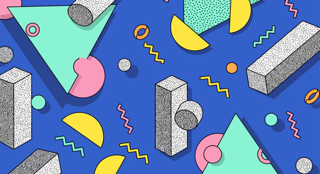 abstract memphis style background with geometric shapes retro patterns and 3d objects