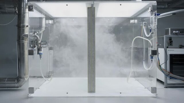 Medium shot of a fogging and VOC testing booth analyzing emissions from laminated building panels to ensure indoor air quality and safety standards compliance