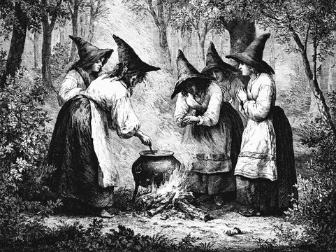 Vintage Witch Gathering in Forest Cooking Over Fire &ndash; AI Generative
