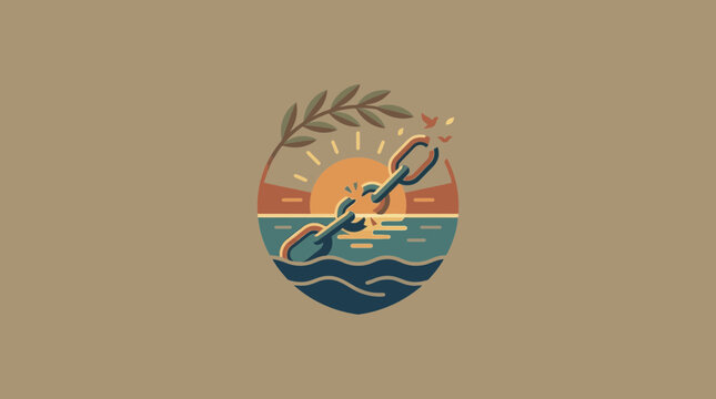 Broken Chain Icon with Sunset and Olive Branch