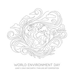 Fototapeta premium Minimalist white line art composition for world environment day showing globe and floral swirls.