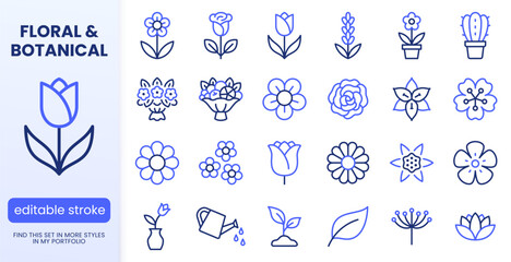 Plakat Flower, gardening line icon set. Rose, tulip, fruit bouquet, spring blossom, cactus, lavender, watering can, sprout. Simple outline signs for florist delivery. Blue duotone color. Editable Stroke.
