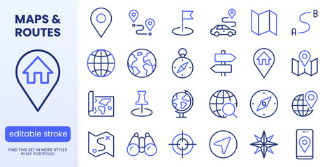 Fototapeta premium Location line icon set. Compass, travel, globe, map, geography, earth, distance, proximity minimal vector illustration. Simple outline sign for navigation app ui. Blue duotone color. Editable Stroke.