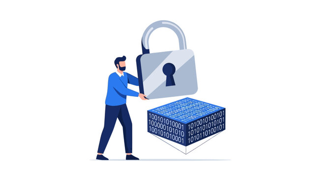 Cybersecurity and Data Protection Concept: Man Placing Large Padlock on Binary Code Cube for Digital Safety and Information Privacy