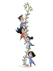 Obraz premium Cute minimal nursery cartoon illustration of funny men and women climbing a giant bean vine, featuring playful expressions, whimsical adventure, and a cheerful fantasy storybook atmosphere.