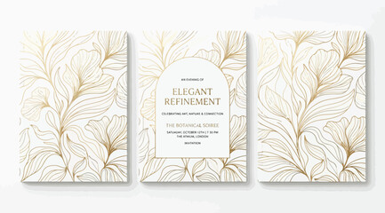 Set of elegant wedding invitation cards with gold floral line art elements and arch frame © Saharia