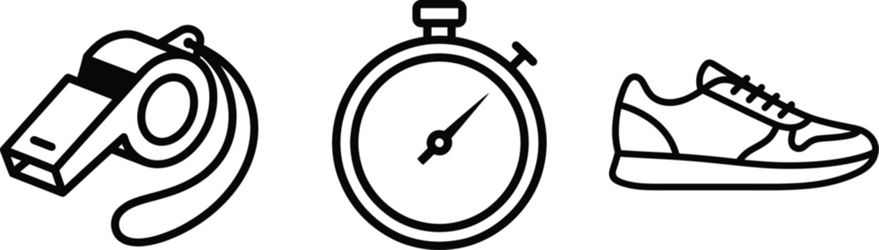 Teachers day sports coach equipment whistle stopwatch sneakers icon set