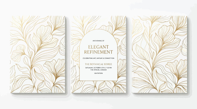Set of elegant wedding invitation cards with gold floral line art elements and arch frame