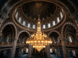 Naklejka premium Architectural interior view of grand mosque with ornate golden chandelier and dome ceiling chandelier architecture interior religious