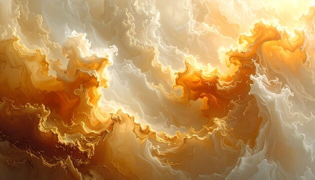 An abstract, ethereal depiction featuring swirling, golden-hued clouds, with bright light emanating from upper regions