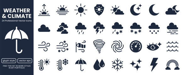 Obraz premium Weather forecast glyph icons set. Sun, rain, thunder storm, wind, snow cloud, moon, UV index flat pictogram vector illustrations. Black minimalist silhouette signs UI elements for web meteorology.