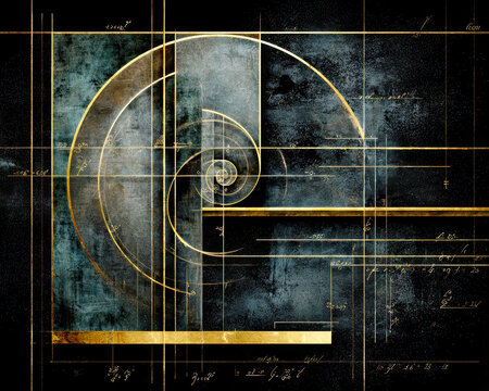 Glowing Golden Ratio Spiral on Dark Background &ndash; Futuristic Mathematical Geometry. AI generative.