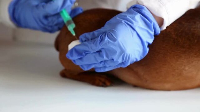 Close up of a veterinarian wearing blue gloves administering an injection to a small brown dog