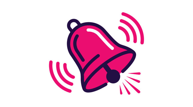 A pink bell with a dark purple outline rings loudly with motion lines indicating sound waves emanating from it on a white background
