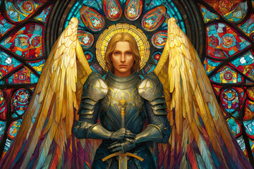 Obraz premium Majestic Archangel Warrior with Golden Wings and Stained Glass Background. AI generative.