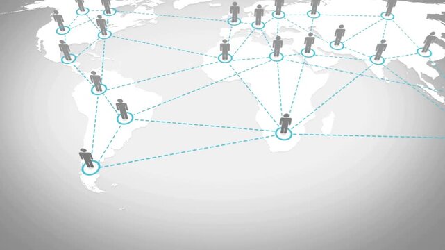 2D animation of global network connections linking human profile icons across a world map