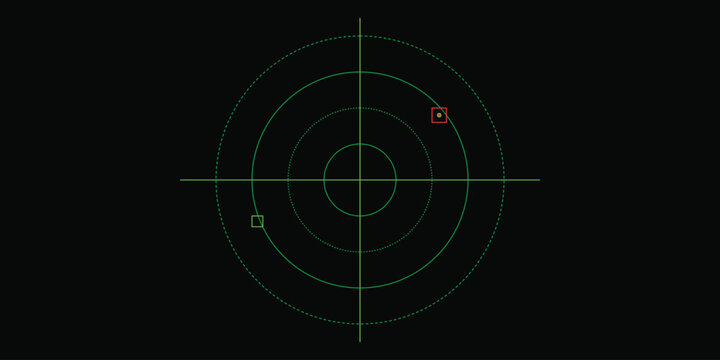 Green radar screen with circular scanning grid showing two detected objects in dark zone.