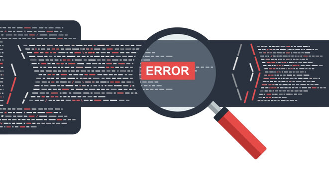Software Code Debugging and Error Detection Concept Vector Illustration. Magnifying Glass Finding a Bug in Programming Script. Web Development Troubleshooting Banner.