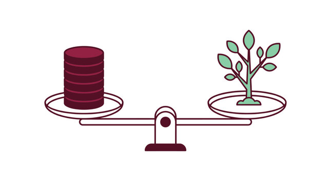 A stack of coins on one side of a balance scale tips the scales against a small potted plant on the other side
