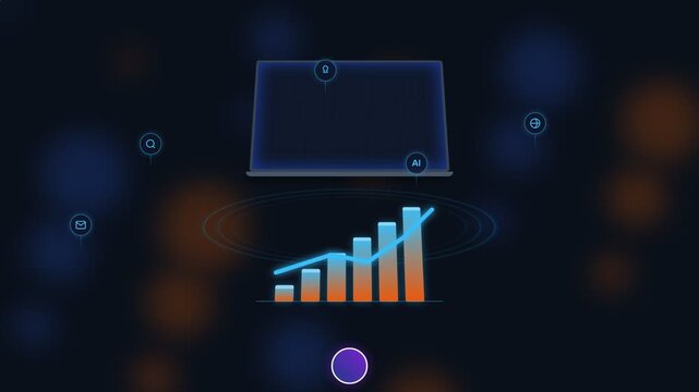 A graphic representation of business data growth on a laptop screen displays a bar chart with an upward trend.