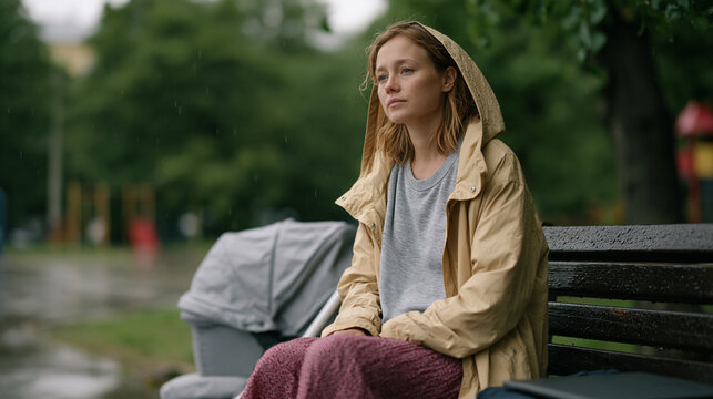 Young mother sits on a park bench in the rain, a stroller beside her, her raincoat hood up and an unopened work laptop bag at her feet, her posture showing the weight of competing
