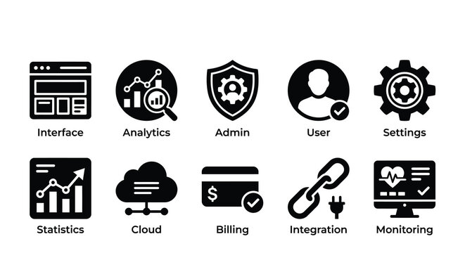 Silhouette of business icons for interface analytics admin user settings statistics cloud billing integration and monitoring