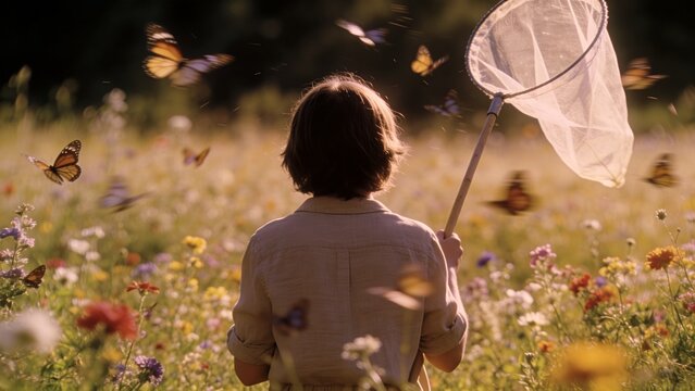 Child standing in blooming wildflower meadow surrounded by monarch butterflies holding insect net during golden hour sunlight Nature exploration outdoor discovery environmental education curiosity won