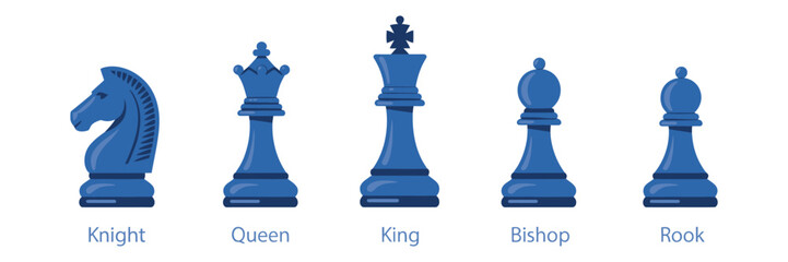 Blue chess piece icon set in flat style featuring king, queen, bishop, knight, rook, and pawn for strategy games and educational concepts. Vector illustration. © ARIF AHMED 02