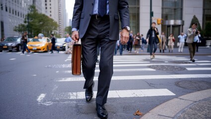 Low-angle view of a confident businessman in a dark suit carrying a leather briefcase mid-stride on a zebra crossing, with other office commuters and yellow taxis blurred behind him. © olga_demina