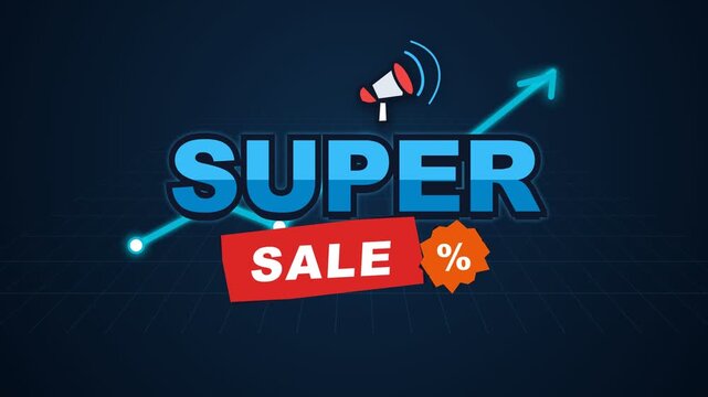 A megaphone announces a super sale with discount percentages and arrows