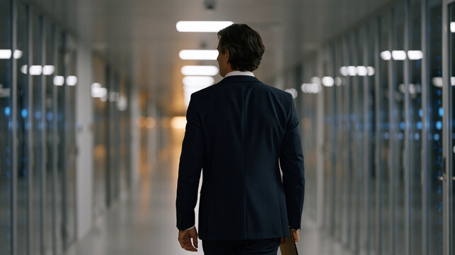 Research institute director walks empty quantum computing facility corridor at midnight during security inspection, overhead motion-sensor lights activating in sequence ahead of