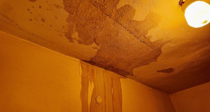 Water damage and stains on a textured ceiling and wall with a light fixture. Visible signs of water infiltration and damage are evident on the textured ceiling and adjacent wall, with staining.